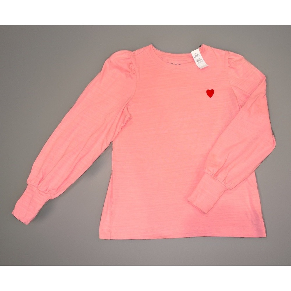 NWT LOFT Pink Pleated Puff Sleeve Sweatshirt Embroidered ❤️ Sz S Cotton Crew